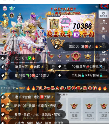 和平精英账号苹果微信 编号70386  果V可改，双字ID梦甜，地铁满天赋，战神框，25印记，满绝世，6级图卡盟，初翊，新老101，天网，巡查，赤蝎，都市，小丑，金鞋子，追光，巧克力，放客，猪妹，灵感，狂魅哈莉