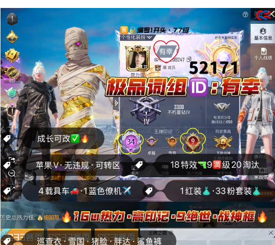 和平精英账号苹果微信 编号52171  果V 可改，词组ID有幸，34高印记，图卡盟，巡查，雪国，新101，猪妹，狂沙，灵感，奶龙，第五大道，星梦玉骢，盛世惊鸿，墨龙九天，18特9满2计数20淘汰，4载具蓝僚机
