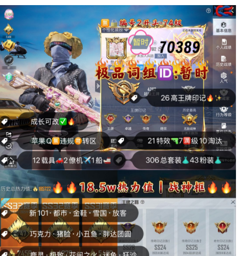和平精英账号苹果QQ 编号70389  果Q可改，词组ID暂时，战神框，26印记，狂沙，都市，金鞋子，新101，雪国，巧克力，猪妹，放客，狂沙，洛天依，小白龙，金玛莎，12载具2僚机1船，21特7满10淘汰，4