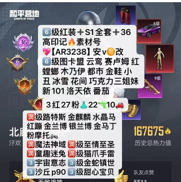 和平精英账号安卓微信6级红装 S1全套 37高印记  【AR3238】 ‼安v可改 6⃣级图卡盟 云鸾 赛卢姆 红螳螂  木乃伊 都市 金鞋 小丑 冰雪 花间 巧克力三姐妹 新101 洛天依 番茄 满级路特斯 