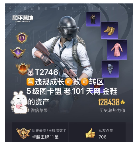 和平精英账号苹果微信 【T2746 】  无违规成长可改 5级图卡盟 欧若拉 敖渊 老101 冰雪 赵灵儿 小丑 小狐 巧克力三姐妹 都市 金鞋 天网 3红64粉 16特1车