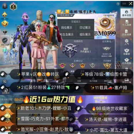 和平精英账号苹果微信BM0599  苹果v成长可改无违规可转区 老101 5级图卡盟 塞卢姆 s1上衣 木乃伊 红螳螂 小丑 新101 冰雪 巧克力三姐妹 都市 追光 赵灵儿 李逍遥 洛天依 放客 星梦奇缘 3