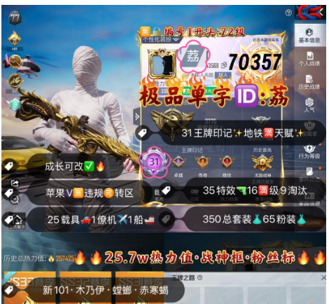 和平精英账号苹果微信 【女性简体】编号70357  果V可改，单字ID荔，31高印记，战神框，木乃伊，螳螂，赤寒蝎，新101，雪国，巧克力，猪妹，放客，星星裤，狂沙，洛天依，金兰博，金玛莎，金马丁，金摩托，红蹦