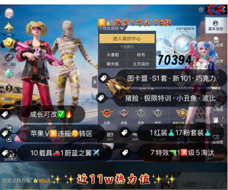 和平精英账号苹果微信 编号70394 果V可改，21印记，2级图卡盟，S1套，新101，巧克力，猪妹，狂魅哈莉，飞龙，金玛莎，金马丁，金摩托，沙丘之主，甜心AK，7特1满1计数5淘汰，10载具1僚机，17粉1红