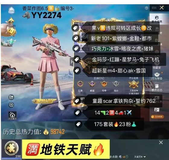 和平精英账号苹果微信【YY2274】 苹果v 成长可改•满地铁天赋  新老101 紫螳螂 暗夜之虎 冰雪 巧克力 金鞋 都市 洛天依 猪妹 金玛莎 红蹦 星梦马 兔子飞机 超新星m4 甜心ak 雪国ump 童趣