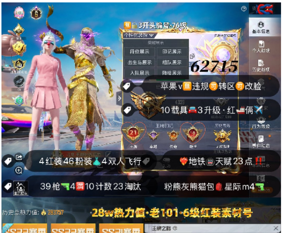 和平精英账号苹果微信 编号62715  果V可改，21印记，满绝世，战神框，6级图卡盟，初翊，欧若拉，你瑞拉，新老101，木乃伊，天网，金迪迦，三色螳螂，觉醒，赤蝎，星星裤，金鞋子，雪国，巧克力， 小丑，赤寒蝎
