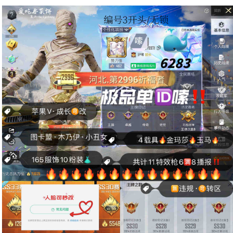 和平精英账号苹果微信编号6283    成长可改 极品单字ID嗦‼ 3级红装图卡盟 木乃伊 火箭少女 小丑女 千金淑猫 7级超新星M4 天蓬scarl盛世Mk24 金玛莎 水晶马 1红10粉 4载具  11特效