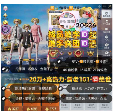 和平精英账号苹果微信编号20526  极品单字ID趤 附送单字兵团 果v 新增热门粉装：狂魅哈莉 新老101 龙师傅 巡查衣 金鞋子 雪国 木乃伊 巧克力 猪脸妹 洛天依 花仙子 金玛 星梦马 兔兔僚机21特效
