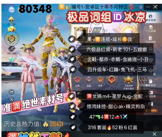 和平精英账号苹果微信 编号80348 果V可改，ID冰凉，战神框，15印记，满绝世，地铁满天赋，6级图卡盟，云鸾，露米娜，妮芮妲，欧若拉，初翊，新老101，木乃伊，追光，天网，三色螳螂，觉醒，小丑，金迪迦，雪国