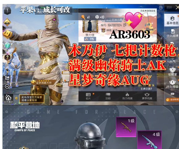 和平精英账号苹果微信【AR3603】 苹果v 成长可改 7把计数枪  红装图卡盟 塞卢姆 螳螂 冰雪  木乃伊 新101 红眼罩 小白龙 满级幽焰骑士 3⃣级星梦奇缘 4⃣级至情至圣3⃣级时空协奏 墨龙 梦海 