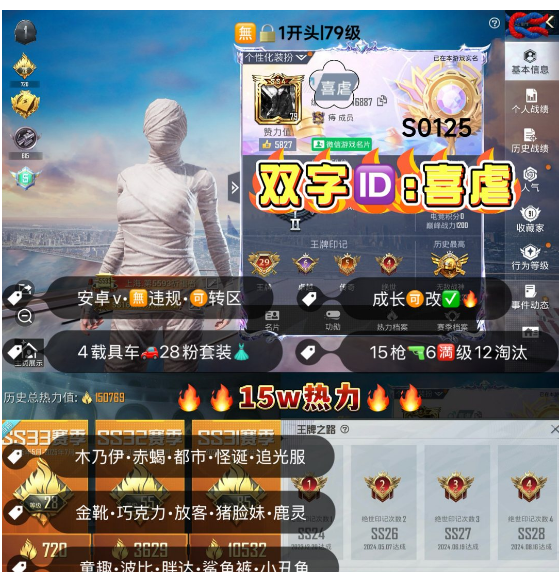 和平精英账号安卓微信 【素材】编号S0125  安V可改，地铁满天赋，战神框，29印记，木乃伊，赤蝎，都市，小丑，金鞋子，追光，新101，巧克力，放客，猪妹，飞龙，狂沙，奶龙，小白龙，瑞兽，粉玛莎，4载具，28