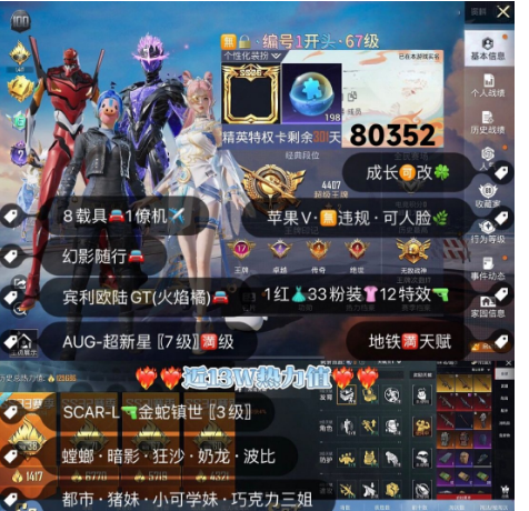 和平精英账号苹果微信 编号80352 果V可改,地铁满天赋,战神框,2级塞卢姆,新101,巧克力, 洛天依,螳螂,小叽,白勺,猪妹,星梦玉骢,金蛇镇世,超新星,12特7满1计数,33粉1红,8载具1僚机