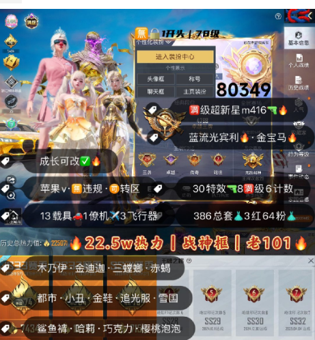 和平精英账号苹果微信 编号80349  果V可改，29印记，战神框，满级图卡盟，瑞拉，露米娜，新老101，木乃伊，金迪迦，三色螳螂，赤蝎，都市，金鞋子，小丑，追光，雪国，狂魅哈莉，巧克力，猪妹，放客，灵感，洛天