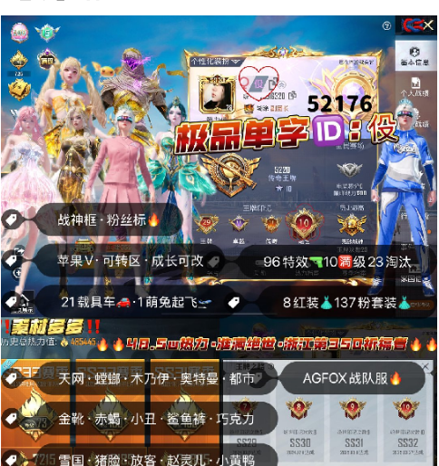 和平精英账号苹果微信 编号52176  果V可改，单字ID 伇，29高印记，满绝世，战神框，满级图卡盟，露米娜，初翊，瑞拉，欧若拉，云鸾，初翊，赵云，新老101，天网，木乃伊，螳螂，金迪迦，都市，Agfox战队