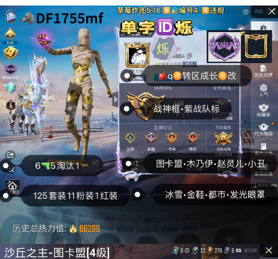 和平精英账号苹果QQ极品单字ID烁 【DF1755mf】 ‼苹q 成长可改 战神框 紫战队标 地铁44点天赋 图卡盟 木乃伊 赵灵儿 小丑 冰雪 金鞋 都市 发光眼罩 6枪5淘汰1马11粉1红装 照夜玉狮子 女