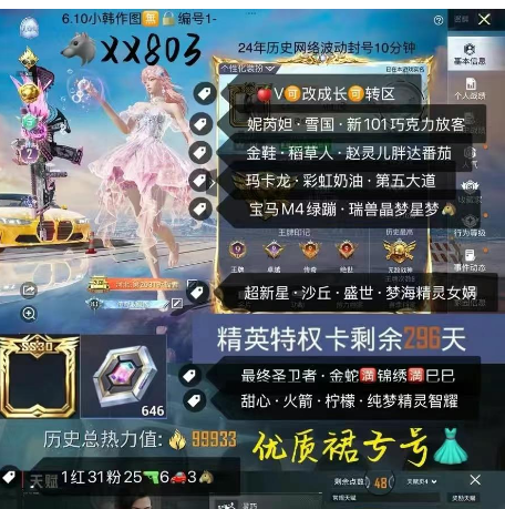 和平精英账号苹果微信【XX803】 ‼苹果V可改成长 地铁满天赋 妮芮妲 优质裙子号  妮芮妲 雪国 新101 巧克力 放客 金鞋 稻草人 赵灵儿 胖达 番茄 玛卡龙 彩虹奶油 第五大道 宝马M4 绿蹦 瑞兽 