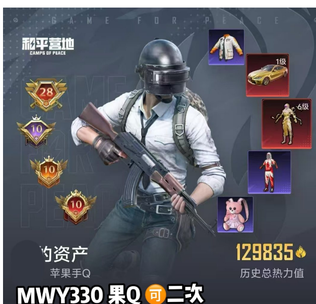 和平精英账号苹果QQ编号MWY330  果Q 可二次 6级图卡盟 巡查衣 新101 战队服 满级五爪金龙 满级旋紫AK 粉熊  1级宝马轿车 水晶马 摩托车 1红13粉 12特效 3车  战神框 28高印记 满