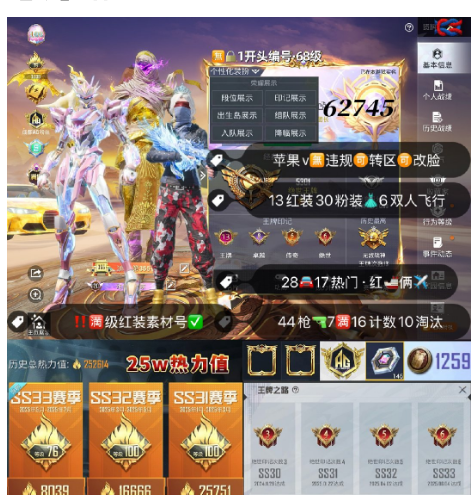 和平精英账号苹果微信 编号62745  果V可改，满级图卡盟，帕修斯，瑞拉，初翊，烛九，云鸾，维塔，露米娜，欧若拉，妮芮妲，熬渊，塞卢姆，关公，觉醒，螳螂，木乃伊，雪国，新101，都市，赤蝎，黑丝，追光，金鞋子