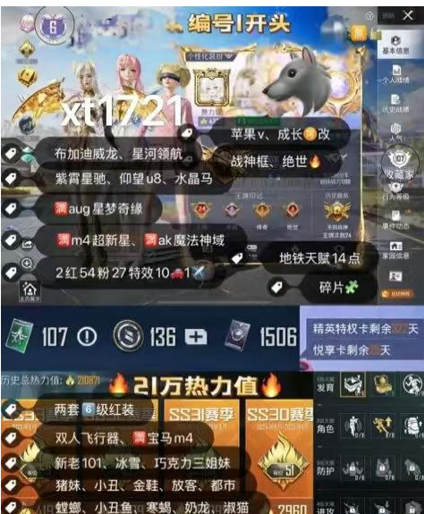 和平精英账号苹果微信【xt1721】   苹果v成长可改 战神框 12枪械升级币 12车升级币 9歼灭卡 新老101 冰雪 螳螂 都市 金鞋 小丑 寒蝎 猪妹 放客 甜梦小狐 千金淑猫 第五大道 巧克力三姐妹 