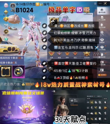 和平精英账号苹果微信极品单字ID呩 【B1024】 ‼苹果V 成长可改 1战神框 红装帕修斯 螳螂 冰雪 巧克力 新101 黑丝 木乃伊 奇异 猪妹 2金宝马 金玛莎 红蹦蹦 萌兔✈ 满盖世满天蓬 圣卫者满誓约