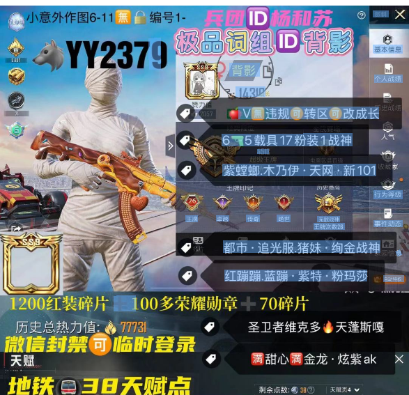 和平精英账号苹果微信极品词组ID背影  ‼ 【YY2379】1200红装碎片苹果V可改成长 兵团ID杨和苏 紫螳螂 木乃伊 天网 新101 都市 追光服 猪妹 绚金战神 红蹦蹦 蓝蹦蹦 紫特 粉玛莎 圣卫者维克