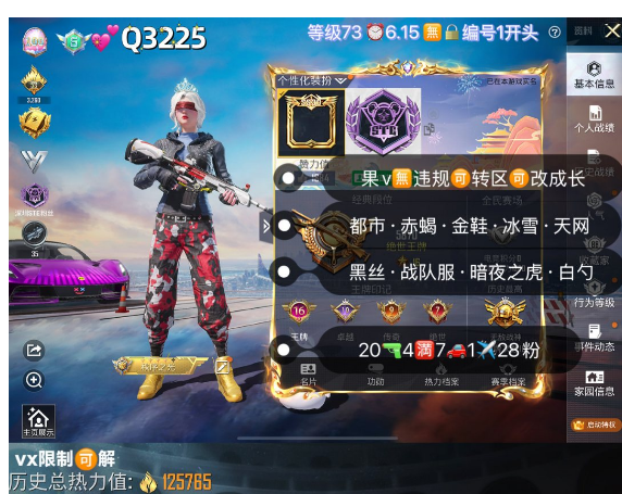 和平精英账号苹果微信【Q3225】 ‼ 苹果v无违规可转区可改成长 冰雪 都市 赤蝎 金鞋 黑丝 兔子 白勺战队服 暗夜之虎 小丑女 彩虹奶油裙 20特效 4满7车1✈28粉装
