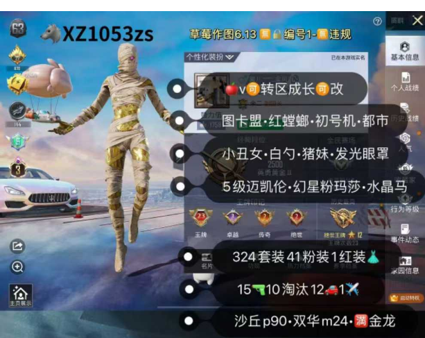 和平精英账号苹果微信【XZ1053zs】 苹果v成长可改 图卡盟 红螳螂 初号机 都市 小丑女 白勺 猪妹 发光眼罩 15枪12车1✈41粉装1红装 5级迈凯伦 幻星粉玛莎 水晶马 沙丘p90 双华m24 满金