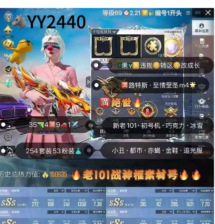和平精英账号苹果微信【YY2440】 满绝世 苹果V无违规可二次2战神框 新老101 冰雪 小丑 巧克力 都市 赤蝎 金鞋 第五大道 追光服 满紫路特斯 3级宾利飞驰 红蹦 星梦  奶龙  满至情至圣 7盖世7
