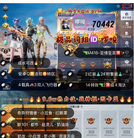 和平精英账号安卓QQ 编号70442   安Q可改，词组ID啰嗦，15印记，战神框，2级图卡盟，维塔，都市，新101，赵灵儿，奶龙，白勺，小白龙，满级至情至圣，幽焰骑士，境域双华，14特2满3计数4淘汰，4载具
