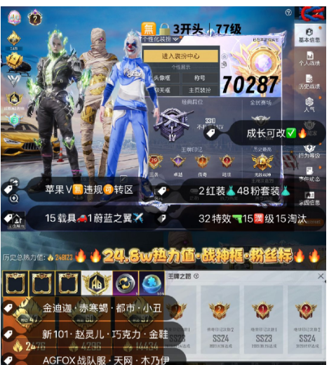 和平精英账号苹果微信 编号70287  果V可改，地铁满天赋，29高印记，战神框，2级图卡盟，维塔，Agfox战队服，天网，木乃伊，金迪迦，赤寒蝎，都市，小丑，金鞋子，赵灵儿，雪国，新101，巧克力，放客，猪妹