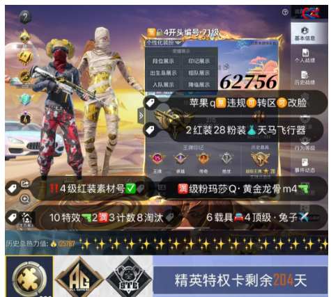 和平精英账号苹果QQ 【素材】编号62756 果Q可改，4级图卡盟，烛九，木乃伊，巡查，小丑，都市，追光，赵灵儿，新101，巧克力，三色螳螂，赤蝎，金鞋子，飞龙，狂沙，放客，满级玛莎，金兰博，瑞兽，红蹦蹦，满级