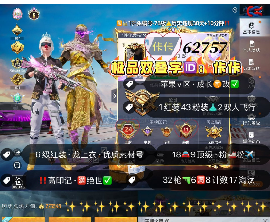 和平精英账号苹果微信 编号62757  果V可改，叠字ID佧佧，24印记，战神框，满绝世，6级图卡盟，星星裤，龙上衣，天网，木乃伊，巡查，都市，小丑，觉醒，雪国，都市，金鞋子，追光，黑丝，新101，巧克力，猪妹