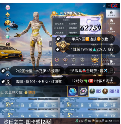 和平精英账号苹果微信 编号62759   果V可改，2级图卡盟，木乃伊，三色螳螂，雪国，新101，狂魅哈莉，洛天依，金玛莎，沙丘之主，12特1满1计数5淘汰，5载具蓝僚机，19粉1红，送碎片