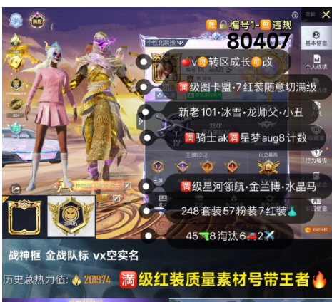 和平精英账号苹果微信编号80407苹果v 成长可改 战神框 金战队标满级红装质量素材号满级图卡盟 7红装随意切满级 新老101 冰雪 龙师父 小丑 赵灵儿 金鞋 极限 白勺 小丑女 巧克力 赤蝎 猪妹 小狐 胖