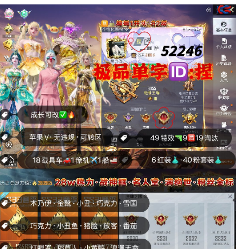 和平精英账号苹果微信 编号52246  果V可改，ID捏，27印记，满绝世，战神框，名人堂，满级图卡盟，烛九，欧若拉，瑞拉，熬渊，初翊，新老101，木乃伊，金鞋子，小丑，雪国，巧克力，猪妹，稻草人，放客，洛天依