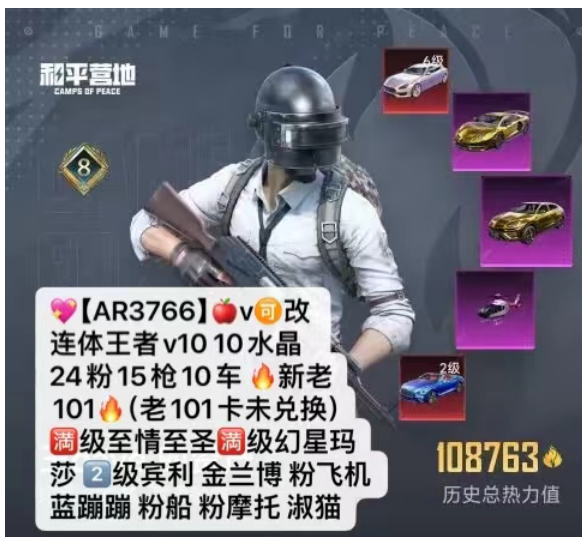 和平精英账号苹果微信【AR3766】 苹果v 成长可改 连体王者v10 10水晶 24粉15枪10车  新老101  满级至情至圣 （老101卡未兑换） 满级幻星玛莎 2级宾利 金兰博 粉飞机 蓝蹦蹦 粉船 粉