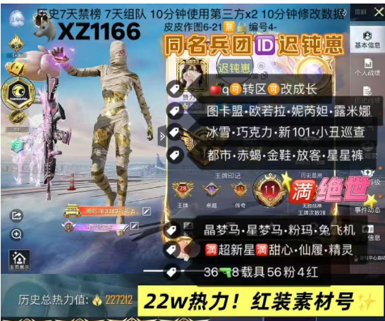 和平精英账号苹果QQ同名兵团ID迟钝崽 【XZ1166】 ‼苹果q 可改 4战神框 满绝世 地铁满天赋 战队金标  图卡盟 欧若拉 妮芮妲 露米娜 冰雪 巧克力 新101 小丑 巡查 都市 赤蝎 金鞋 放客 极