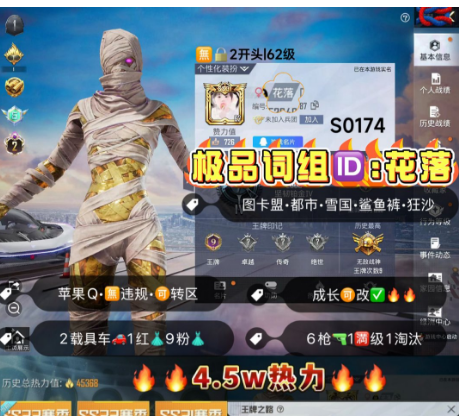 和平精英账号苹果QQ 编号S0174  果Q可改，ID花落，战神框，2级图卡盟，都市，雪国，狂沙，晶梦灵驹，沙丘之主，时空协奏，境域双华，6特1满3计数1淘汰，2载具，9粉1红