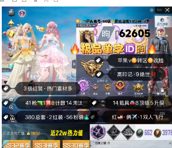 和平精英账号苹果微信 编号62605  果V可改，单字ID昫，32高印记，满绝世，战神框，3级妮芮妲，露米娜，天网，木乃伊，巡查，赤蝎，都市，螳螂，小丑，雪国，新101，巧克力，猪妹，金鞋子，狂沙，灵感，白勺，