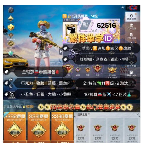 和平精英账号苹果微信 编号62516  果V可改，单字ID軪，27高印记，战神框，螳螂，巡查，都市，金鞋子，新101，巧克力，猪妹，黑丝，洛天依，飞龙，金鞋子，金玛莎，21特11满9淘汰，47粉，10载具蓝僚机