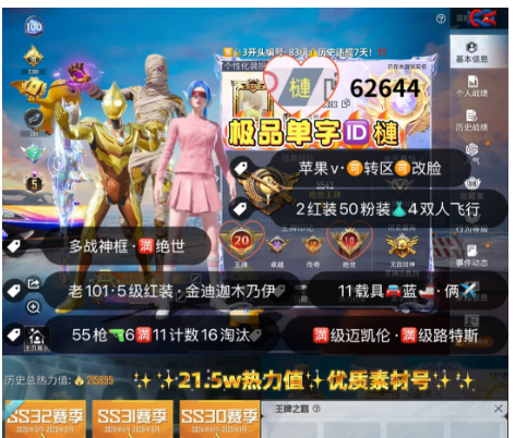 和平精英账号苹果微信 编号62644   果V可改，单字ID槤，地铁面天赋，战神框，满绝世，5级图卡盟，关公，新老101，金迪迦，木乃伊，螳螂，猪妹，白勺，洛天依，奶龙，满级迈凯伦，满级路特斯，红蹦蹦，瑞兽，金