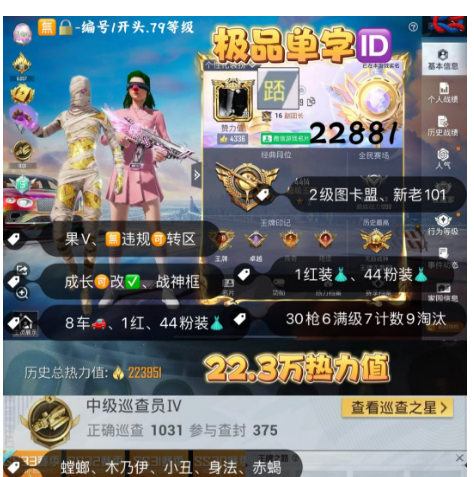和平精英账号苹果微信 编号22881  果V可改，单字ID踎，战神框，28高印记，2级图卡盟，新老101，螳螂，木乃伊，洛天依，巧克力，小丑，赤蝎，金鞋子，金迪迦，2B，都市，飞龙，狂魅哈莉，小叽，白勺，第五大