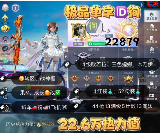 和平精英账号苹果微信 编号22879  果V可改，单字ID徇，战神框，欧若拉，三色螳螂，木乃伊，金鞋子，新101，雪国，猪妹，巧克力，小丑，都市，第五大道，满级迈凯伦，金玛莎，铂特，南瓜车，红蹦蹦，金兰博，星梦