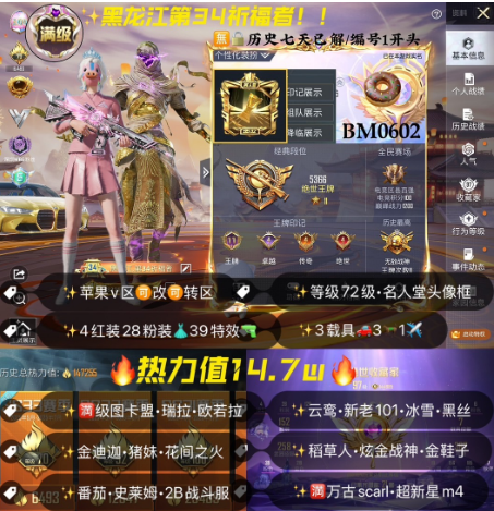 和平精英账号苹果微信BM0602  ss3巅峰名人堂框，黑龙江第34祈福者 苹果V成长可改可转区 老101 满级图卡盟 瑞拉 欧若拉 云鸾 冰雪 黑丝 金迪迦 新101 猪妹 花火 金鞋 小番茄 稻草人 3级金