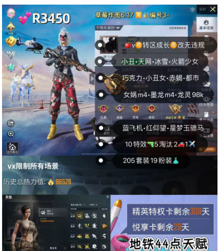 和平精英账号苹果微信【R3450】 ‼ 苹果v无违规可转区可改成长 小丑 都市 赤蝎 金鞋 冰雪 放客 天网 10特效 2满2车1✈19粉装