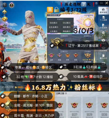 和平精英账号苹果微信 编号S1013  果V可改，18印记，2级图卡盟，熬渊，赵云，木乃伊，三色螳螂，木乃伊，赤蝎，小丑，金鞋子，追光，新101，雪国，洛天依，巧克力，放客，猪妹，灵感，第五大道，白勺，满级玛莎
