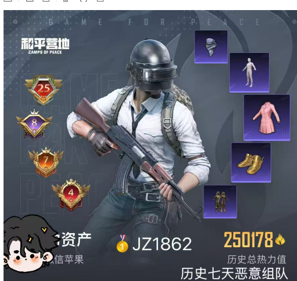 和平精英账号苹果微信编号JZ1862   果v可二次可转区 25w热力值 2红64粉25特效枪9载具 4级图卡盟 欧若拉 新老101 雪国 木乃伊 都市 金鞋 黑丝 浪漫天命 洛天依 满级心之恋语 沙丘之主 幽