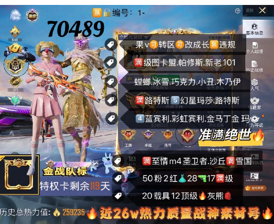和平精英账号苹果微信 编号70489  果V可改，战神框，28印记，满绝世，满级图卡盟，帕修斯，新老101，螳螂，觉醒，雪国，巧克力，小丑，木乃伊，天网，赤蝎，巡查，追光，S1，金鞋子，洛天依，赵灵儿，猪妹，放