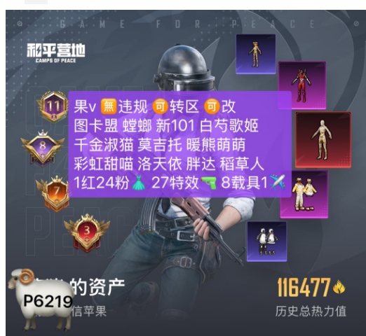 和平精英账号苹果微信【6219】  /v区 图卡盟 螳螂 新101白芍歌姬 千金淑猫莫吉托 暖熊萌萌 彩虹甜喵 洛天依 胖达 稻草人 满级玛莎 金麒麟 精灵之光 1红24粉  27特效  8载具1✈