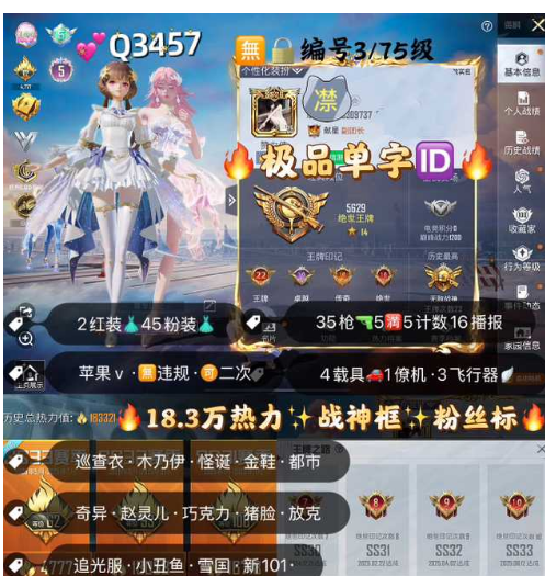 和平精英账号苹果微信【Q3457】 ‼  极品单字ID苹果违规可转区可改成长 欧若拉 妮芮妲 巧克力 木乃伊 追光服小丑 都市 金鞋 冰雪 番茄 胖达 巡查 35枪5满4车1✈45粉装 2红装
